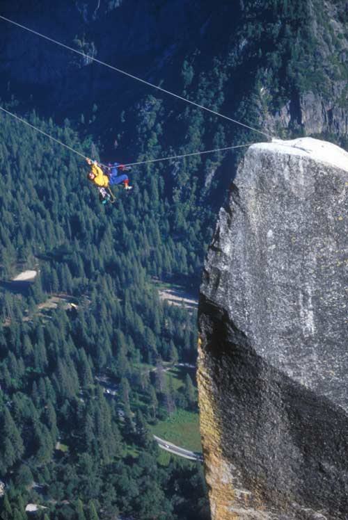 Photo of Lost Arrow Spire - Lost Arrow Spire Tip , Yosemite Valley, California USA by Mark Kroese. Starting the Tyrolean traverse. [yblalati]