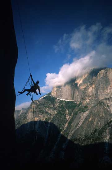 Photo of Washington Column - Re-animator , Yosemite Valley, California USA by Justin Lawrence. Dangling in space with Half Dome behind. [ybwarean]