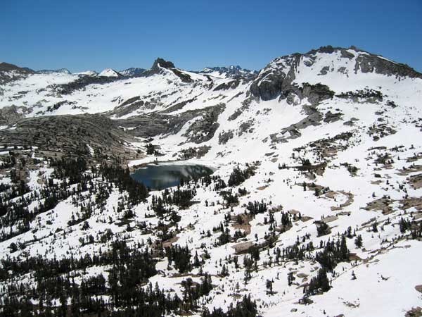 Bud Lake and the Cathedral range in early June 2004. The approach to M...