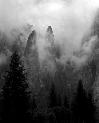 Cathedral Spires in Clouds Black and White 
