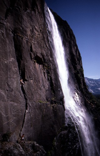 Kurt Smith leading the first ascent of "Powerslave" 5.11b, Lower Yosem...