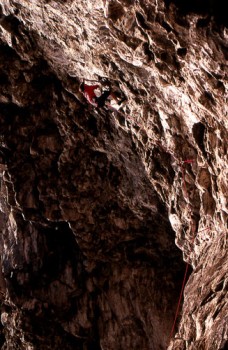 Dan Osman on the first ascent of "Psycho Monkey" 5.13b. Cave Rock, Lak...