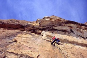 Chris McNamara onsighting the crux 5.11 pitch on the first ascent of G...