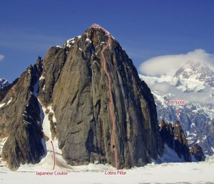 Mount Barrill - Cobra Pillar VI, 5.11, C1+, 50-degree snow - Alaska, USA. Click to Enlarge