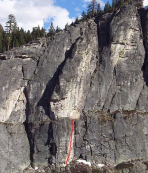 Lover's Leap, Central Wall - Roofer Madness 5.10d - Lake Tahoe, California, USA. Click to Enlarge