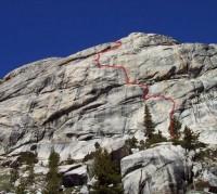 Mountaineers Dome - American Wet Dream 5.10b R - Tuolumne Meadows, California USA. Click to Enlarge