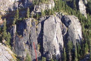 Lover's Leap, Lower Buttress - Beer Can Direct 5.11a - Lake Tahoe, California, USA. Click to Enlarge
