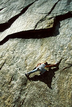 Ron Kauk bouldering Middle Cathedral Traverse. Yosemite, CA