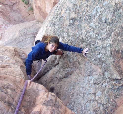 Sarah Felchlin after the 5.8 crux on pitch 2. You can stem around all ...
