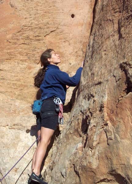 Sarah Felchlin on 5.6 R on at the start of pitch 3. Notice the hole dr...