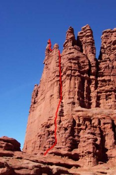 Stolen Chimney - Ancient Art 5.8 A0 - Desert Towers, Utah, USA. Click to Enlarge