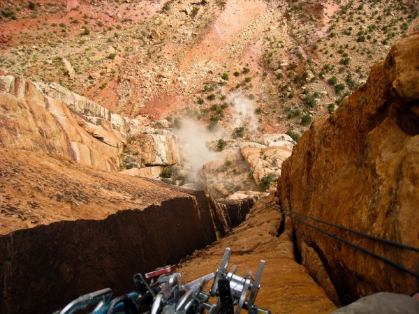 Looking down from Pitch 7 as the "desert tower" explodes into many pie...