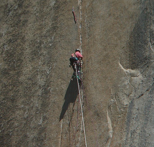 A climber nears the end of the Triple Cracks pitch of The Shield. This...
