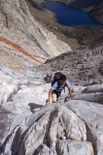 Brad Goya halfway up the Northeast Gully of Laurel Mountain. The rock ...