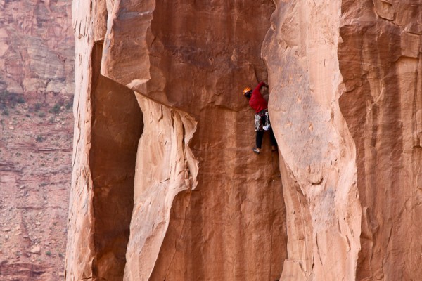 Elbow up on the first pitch of Right Chimney. 
Three Penguins, Arches...