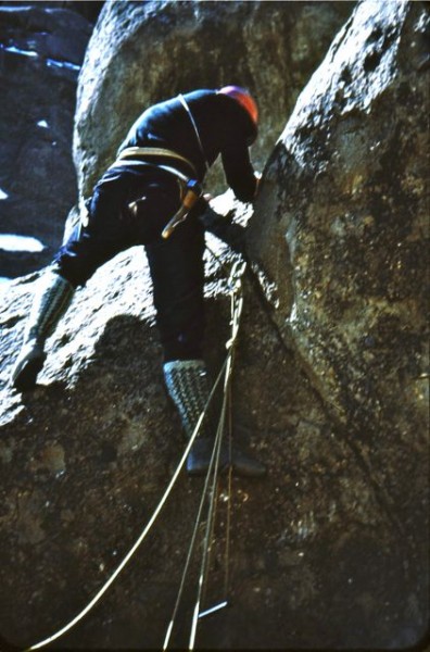 Dave steps up in a home-made etrier.  Cool socks!