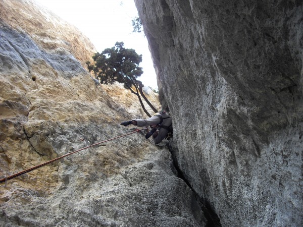 Graeme approaching the sanctuary of the tree. BITD one low bolt protec...
