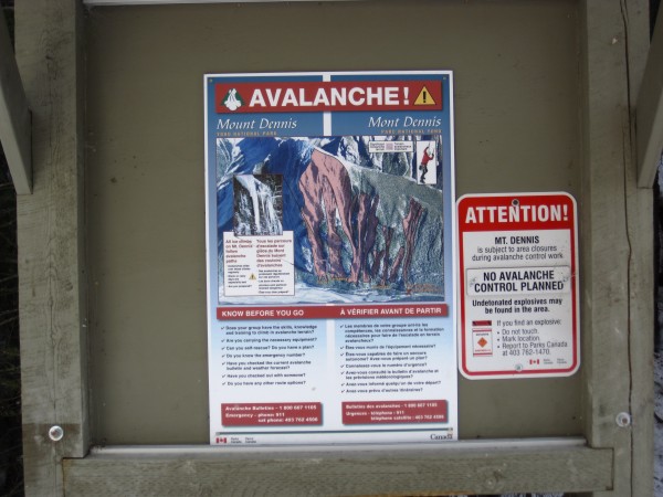 Sign says all of the ice climbs on Mt. Dennis are in avi chutes - 4/10...