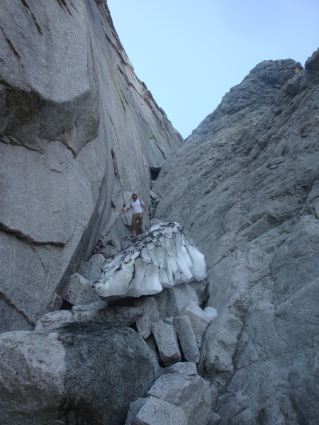 Tim Descending the Gully to the Base of Quarter Dome
