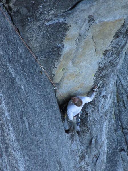 Steve contimplating the steep 5.10 section.