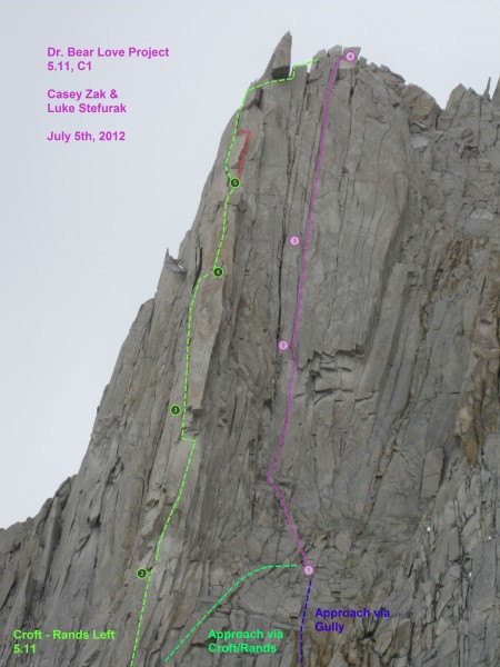 Topo showing The Flying Buttress aka Croft-Rands Left&#40;green&#41; a...