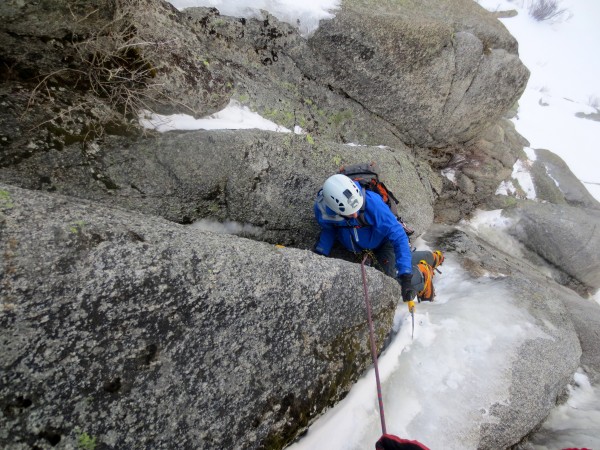 Mike on the last bit of thin ice to the belay