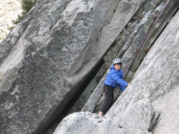Traversing the ledge to the anchor above Zoner.