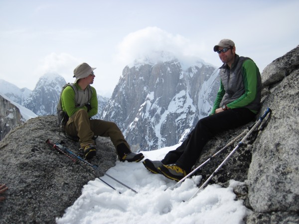 Adam and Rick hanging out on the Incisor with Mt. Dickey in the backgr...