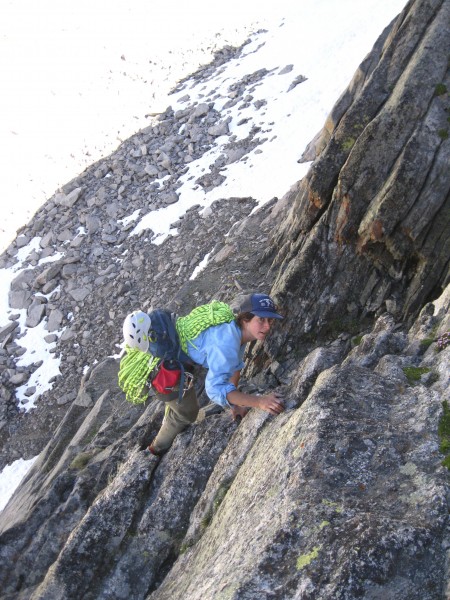 Approaching the South Buttress on Pingora's western ledges