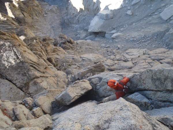 Steve downclimbing Darwin gullies
