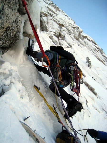 Bill looking gnarly leading the 4th &#40;crux&#41; pitch.  The ice for...