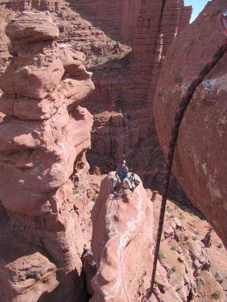 Looking back on belay from the last hard move.