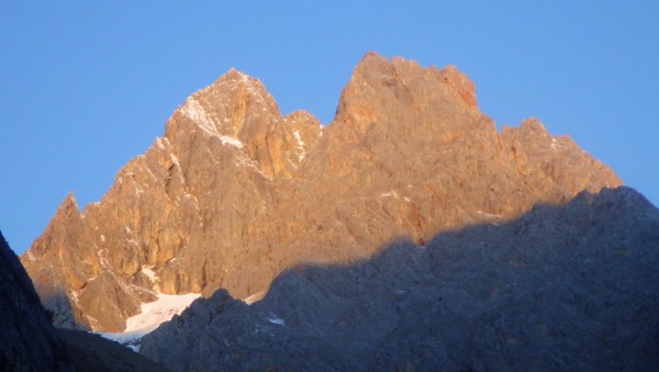 Gangga VII. the main peak is the to the left, the couloir connects the...