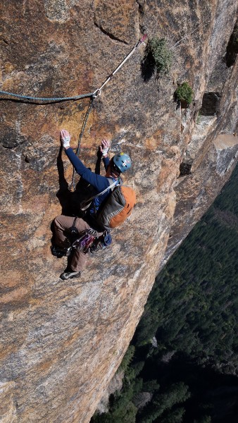 Andy Woehl traversing P5 of NE Buttress of Higher Cathedral.  Photo by...