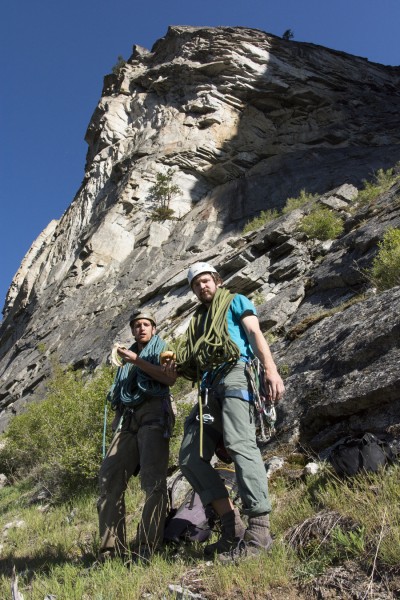 Pausing for a photo before climbing the Drip Buttress.