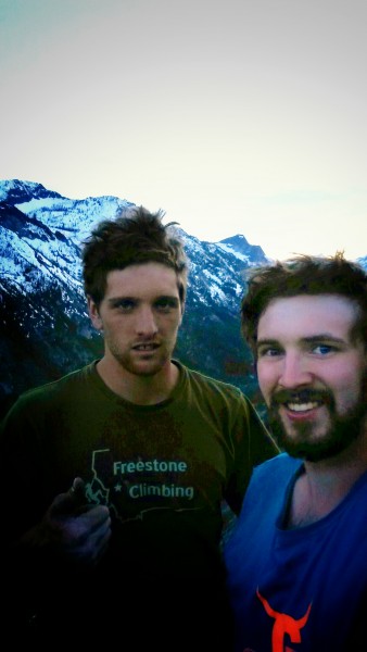 Mack and I on top of Nez Perce, our 5th wall of the day, at dusk.