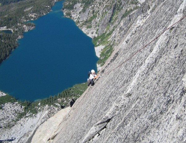 Walt on one of the lower pitches of the Fin. Colchuck Lake in the back...
