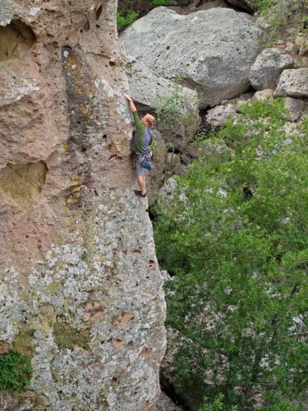 Noah Carr on the "newer" route called Prow 5.8+. Cool roof move marks ...