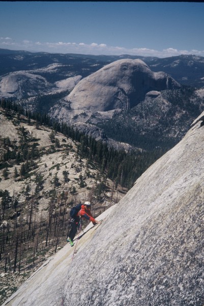 Vic Madrid on the last roped pitch. Half Dome in the background.