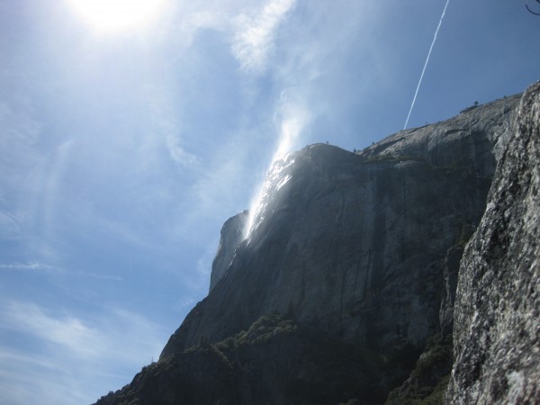 Waterfall blowing upwards on El Capitan, as viewed from Manure Pile Bu...
