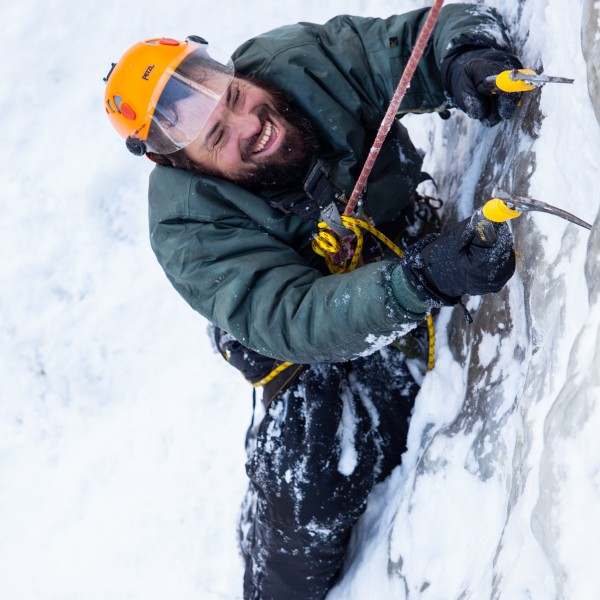 Enock ice climbing at Cathedral Ledge last winter