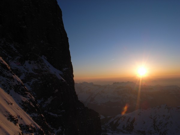 Sunset seen from somewhere in the middle of Eiger's north face.