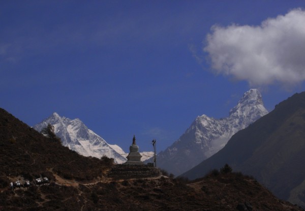 Ama Dablam is the peak on the right, which is on the trail to Everest.