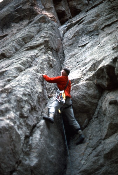 The author climbing somewhere on the first four pitches.