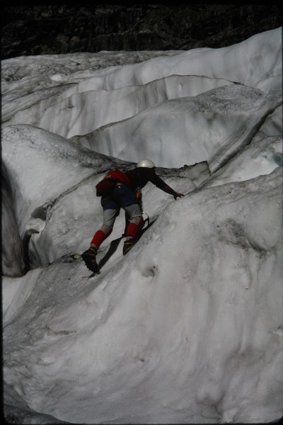 Charlie working his way through some crevasses on the Teton glacier.