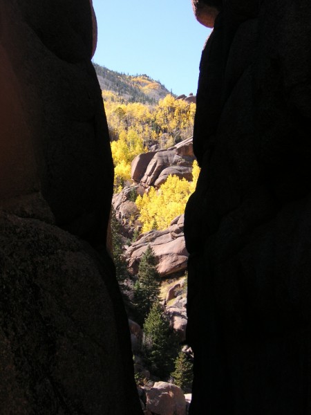 Looking through the notch in the granite cliff.