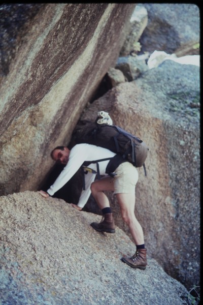 Carlos climbing through some house-sized boulders  not an uncommon pa...