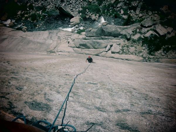 Looking Down the first pitch from the hanging belay