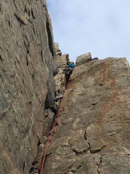 Getting up in the squeeze chimney on pitch 12