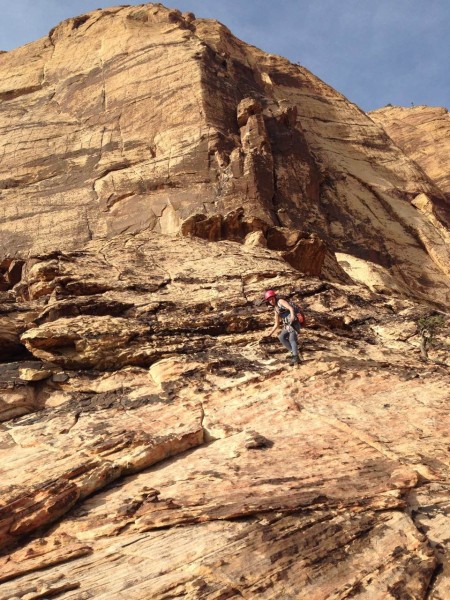 At the top of the gully turn climber's right, and head towards a small...